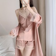 性感情调睡衣三件套女2023冰丝带，胸垫吊带短裤睡袍家居服夏季