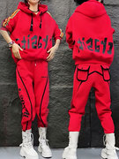 欧货红色休闲运动套装女2023洋气，炸街运动服显瘦中国红俩件套
