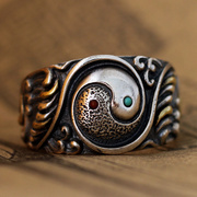 太极浪花纯银戒指开口指环个性，复古镶嵌阴阳鱼饰品民族风男士首饰