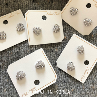 新年小轻奢 韩国进口满钻珍珠银色爱心耳钉精致心形耳环925银针