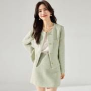 日本春清新绿色羊毛小香风套装法式高级感通勤风外套半裙