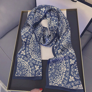 丝巾小长条女夏季2023洋气时尚桑蚕丝100%真丝蓝色围巾