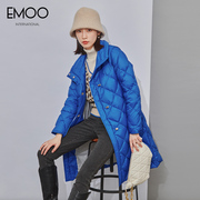 EMOO杨门蓝色羽绒服女中长款冬季立领菱形格白鸭绒外套