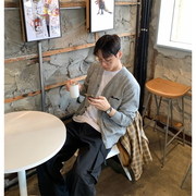 mrdong韩国男装刺绣英文设计感v领细腻春季宽松针织开衫外套