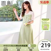 香影假两件连衣裙女2024夏装，小清新绿色蕾丝，拼接泡泡袖v领裙