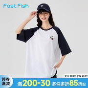快鱼美式复古短袖T恤女款2024年夏季卡通圆领刺绣设计感上衣