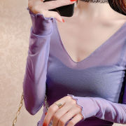 V领透视网纱打底衫女夏季长袖薄款内搭镂空蕾丝紫色上衣性感纱衣
