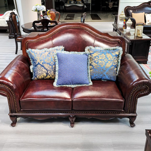 美式实木真皮沙发小户型，客厅沙发组合欧式轻奢皮沙发高档别墅家具