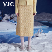 vjc威杰思秋冬女装，黄色高腰针织裙，趣味波浪提花中长裙