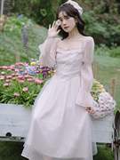 女装2023春夏，十三行法式温柔粉色高腰蓬蓬气质，公主长袖连衣裙