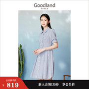 Goodland美地女装夏季色织条纹刺绣公主袖衬衫式连衣裙