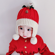 婴儿圣诞帽秋冬款保暖男女宝宝护耳加厚毛线帽子红色可爱超萌童帽