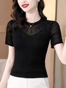 气质圆领网纱t恤女短袖夏季黑色烫钻上衣，修身洋气性感打底衫