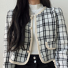 韩国chic春季名媛气质小香风，珍珠单排扣长袖，短款格子外套开衫上衣