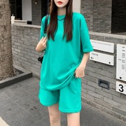 韩版夏季ins潮湖蓝色，宽松休闲运动套装短袖t恤短裤两件套女潮