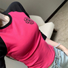 玫红色梵文马蹄印花7分袖T恤女春夏辣妹撞色设计感短款紧身上衣潮