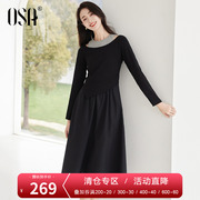 OSA欧莎黑色长袖连衣裙女2024春装假两件气质显瘦中长款裙子