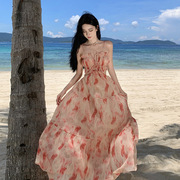夏季旅游好看的裙子致手绘花色超仙露腰显瘦气质连衣裙女飘逸长裙