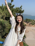 韩系甜美娃娃裙2024夏季泡泡袖小个子衬衫连衣裙海边度假小白裙子