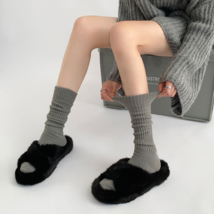 粗线袜子女秋冬中筒灰色堆堆袜女款美式长筒袜jk毛线坑条小腿袜套
