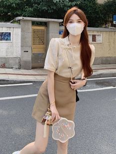 新中式国风套装女夏季改良旗袍短袖衬衫上衣，高腰半身短裙子两件套