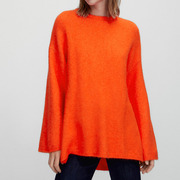 西班牙女装 宽松休闲套头喇叭袖设计感针织衫圆领橙色女外套时尚