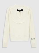 米白色镂空花边套头针织衫，女春季减龄百搭撞色蝴蝶结木耳立领毛衣