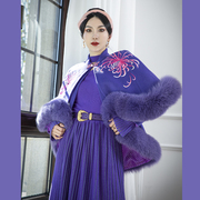magicq原创设计深紫色立领菊花刺绣，狐狸毛装饰(毛，装饰)毛呢大衣斗篷外套