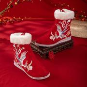红色绣花靴子冬圆头加绒增高古风，棉靴配古装中式新娘婚鞋汉服靴女