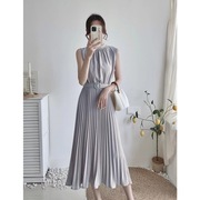 韩国夏季无袖百褶连衣裙气质显瘦百褶裙子女配腰带
