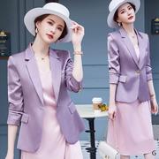 紫色修身西装外套女春秋2024高端醋酸，缎面小个子职业西服套装
