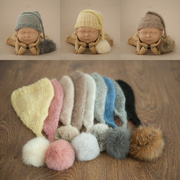 新生儿满月百天儿童拍照马海毛手织长尾獭兔毛球帽子摄影道具帽子