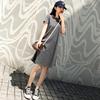 韩国夏季简约灰色短袖连衣裙宽松大码纯色打底裙圆领中长款T恤裙