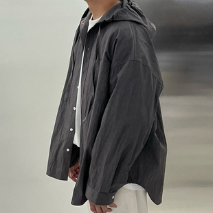 小北韩国男装东大门长袖夹克连帽衬衫上衣外套纯色连帽衫男女