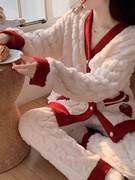 红色本命年睡衣秋冬季女款珊瑚绒甜美开衫加厚加绒2023年冬天