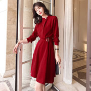 收腰显瘦职业新质j女装，202秋季气款时袖红色大摆长尚中长款连衣.