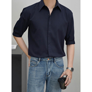 里奈男装商务中袖衬衫男士夏季休闲时尚修身黑色衬衣流行暗扣上衣
