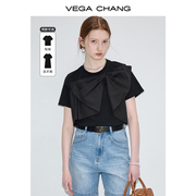 vegachang蝴蝶结t恤女2024年夏季小众，设计黑色短袖t恤连衣裙