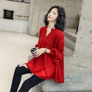 2021红色女长袖上衣，秋冬时尚宽松灯笼袖毛线，拼接衬衫裙摆小衫