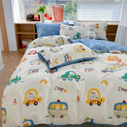 儿童床品全棉三件套男孩，床单被套蓝色小汽车，纯棉被单1.5米上下铺