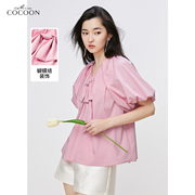 missCOCOON玫瑰色衬衫夏款夏日多巴胺圆领气泡袖蝴蝶结上衣