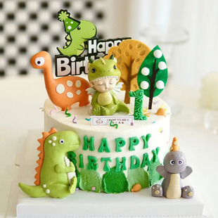 可爱绿色男孩恐龙宝宝生日蛋糕，装饰摆件动物森林儿童蛋糕摆件插件