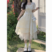 茶歇法式白色方领雪纺连衣裙女夏季小个子纱裙蛋糕，蓬蓬仙女长裙子