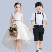 婚礼花童礼服小女孩儿童白色，燕尾婚纱公主，裙长主持人男童西服套装