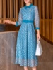 蕾丝印花连衣裙春2024时尚，气质收腰显瘦娃娃领蓝色中长款裙子