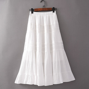 白色蕾丝拼接半身裙女夏季穿搭小个子花边A字裙显瘦高腰中长裙子