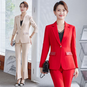 长袖时尚修身女士上衣西装外套大码纯色红色职业装两件套工作制服