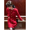 法式高级设计感小众红色，毛呢连衣裙女秋季小香风外套别致裙子