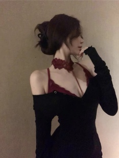 性感蕾丝挂脖吊带内搭v领胸衣上衣，黑色套装女酒红色纯欲吊带打底