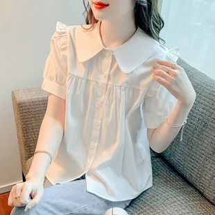 夏季娃娃领小清新学院风，白色衬衫女日系，复古甜美减龄短袖衬衣